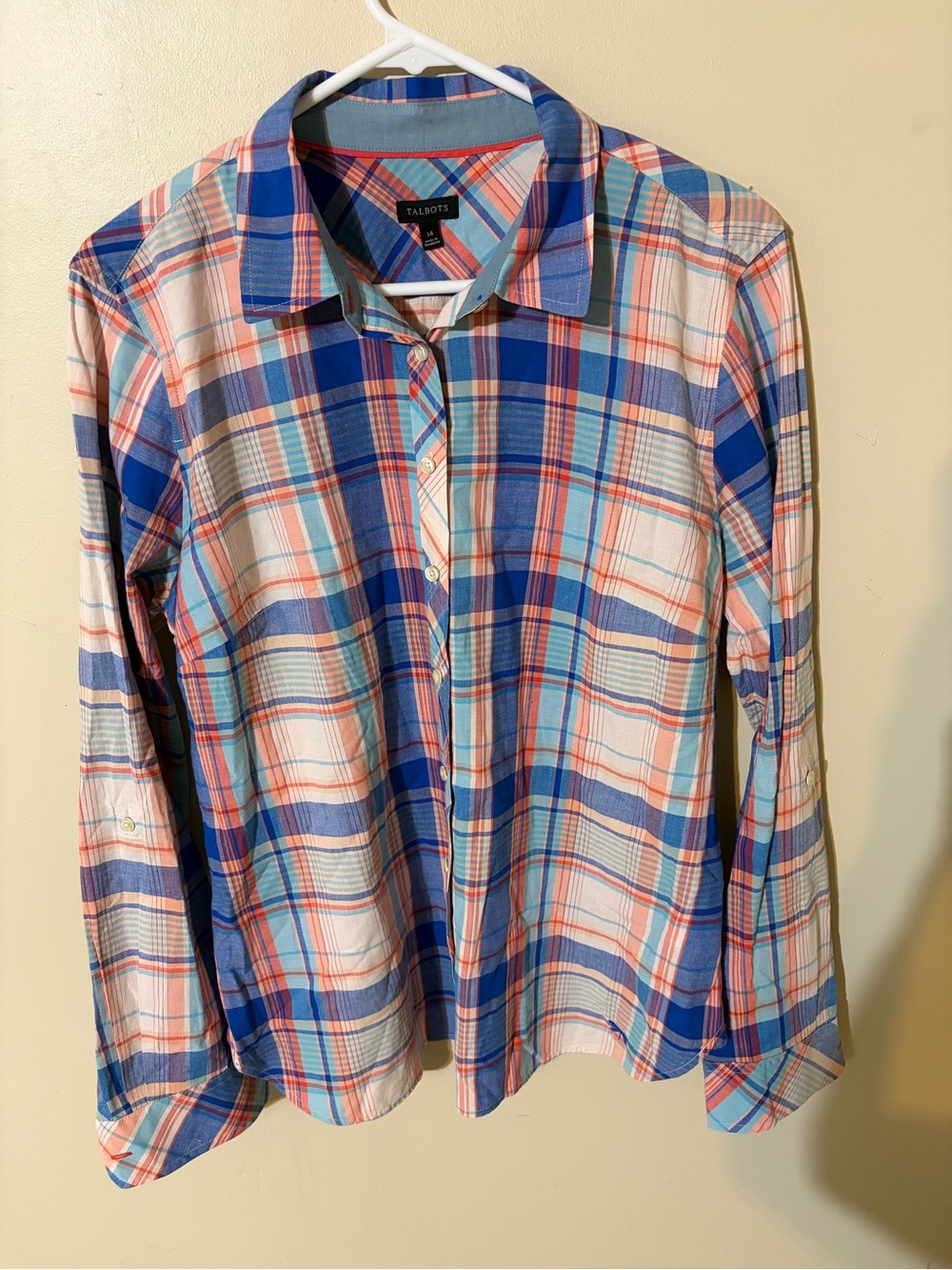 Talbots Women’s Blue White Coral Plaid Button-Down Shirt Sze 14